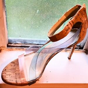Jessica Simpson Clear PVC and Cork Ankle Strap Stiletto in Tan